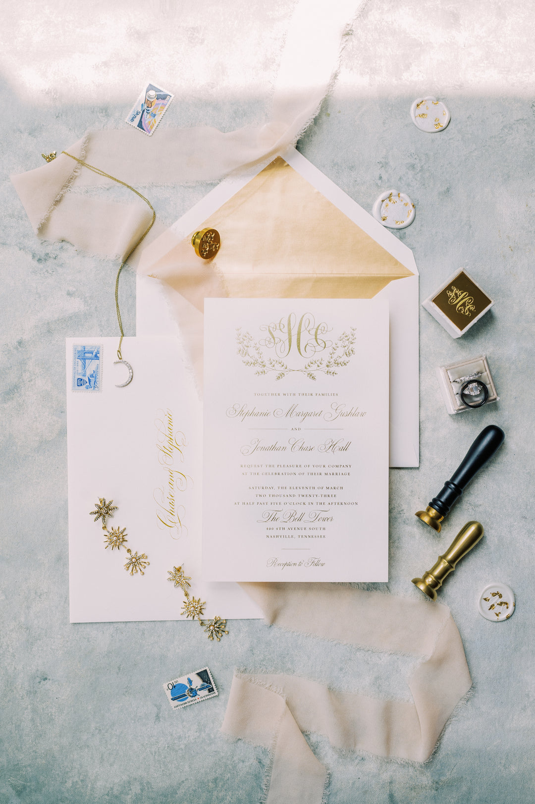 Luxury Wedding Invitation with Gold Liner and Gold Foil 